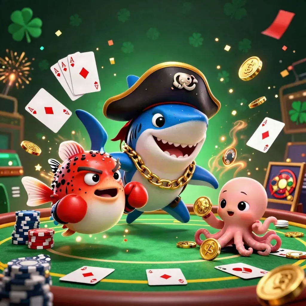 Pirate shark, boxing pufferfish, and coin-juggling octopus over a neon poker table