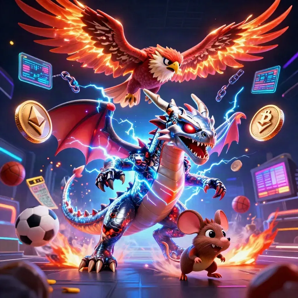 Thunder dragon, wind hawk and static mouse amid coins, balls and neon casino effects.