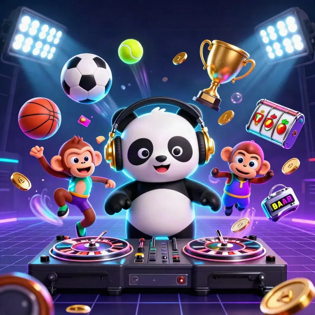 DJ panda, dancing monkey, and glow-stick kitten amid casino balls, coins, trophies, and neon cyan glow.