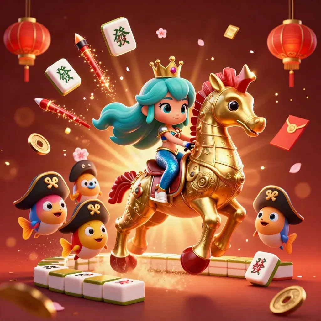 Mermaid princess on a golden seahorse amid pirate fish, jade coins, lanterns, and ember glow