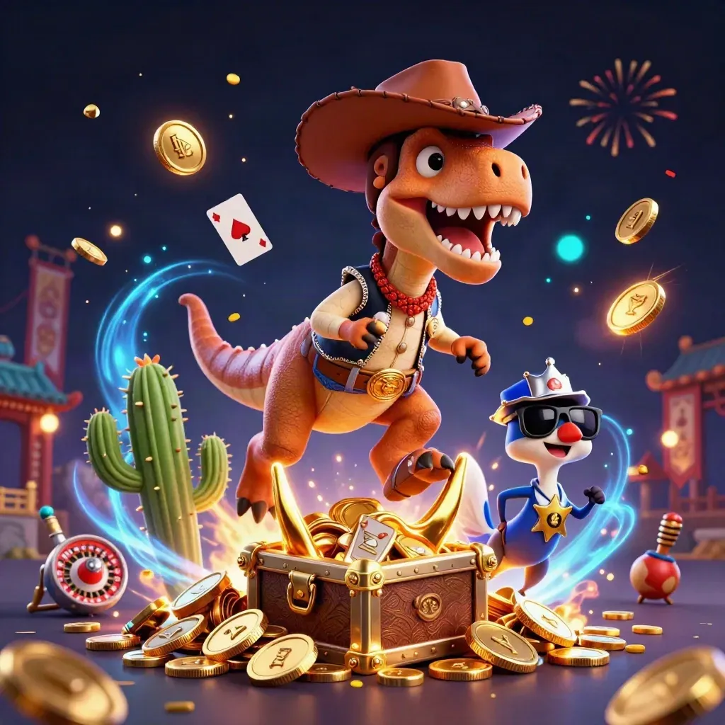Cowboy T-Rex, cactus sidekick, and sheriff roadrunner amid casino treasure and fireworks