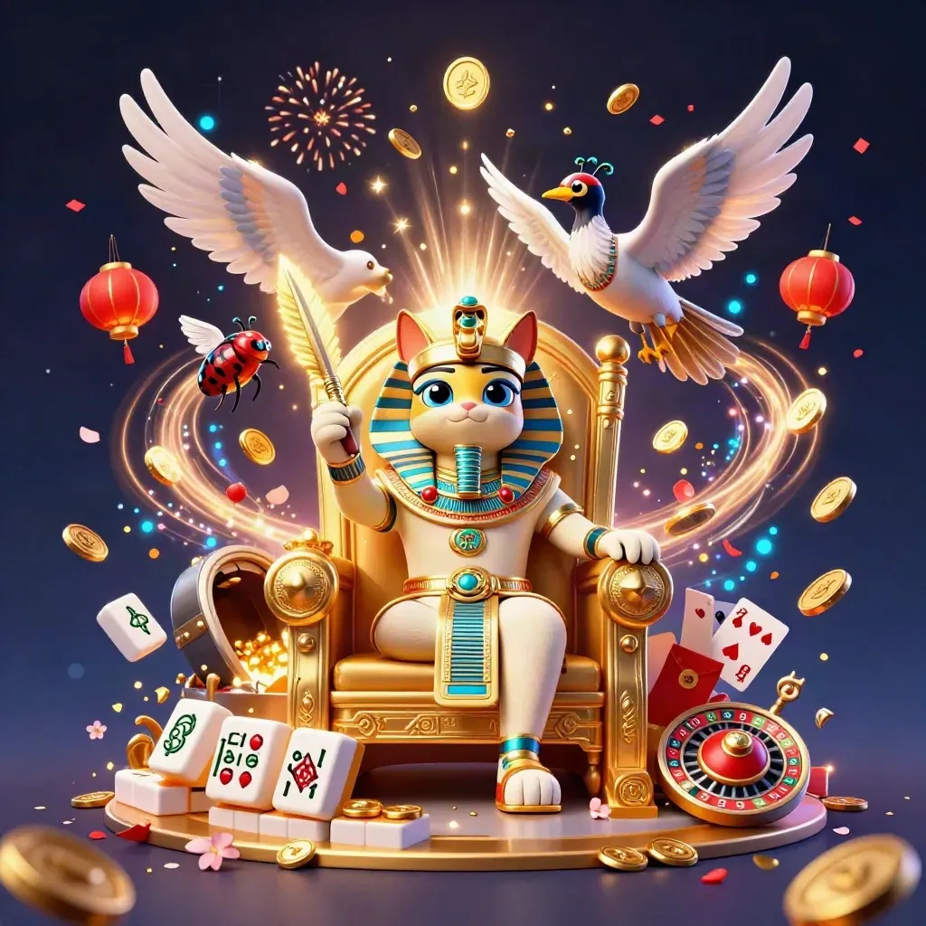 Pharaoh cat, ibis scribe, and gem-wing scarabs amid coins, lanterns, and fireworks.