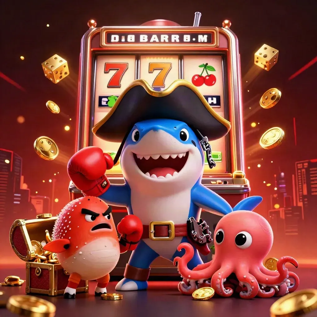 Pirate shark, boxing pufferfish, and juggling octopus amid a bursting slot machine