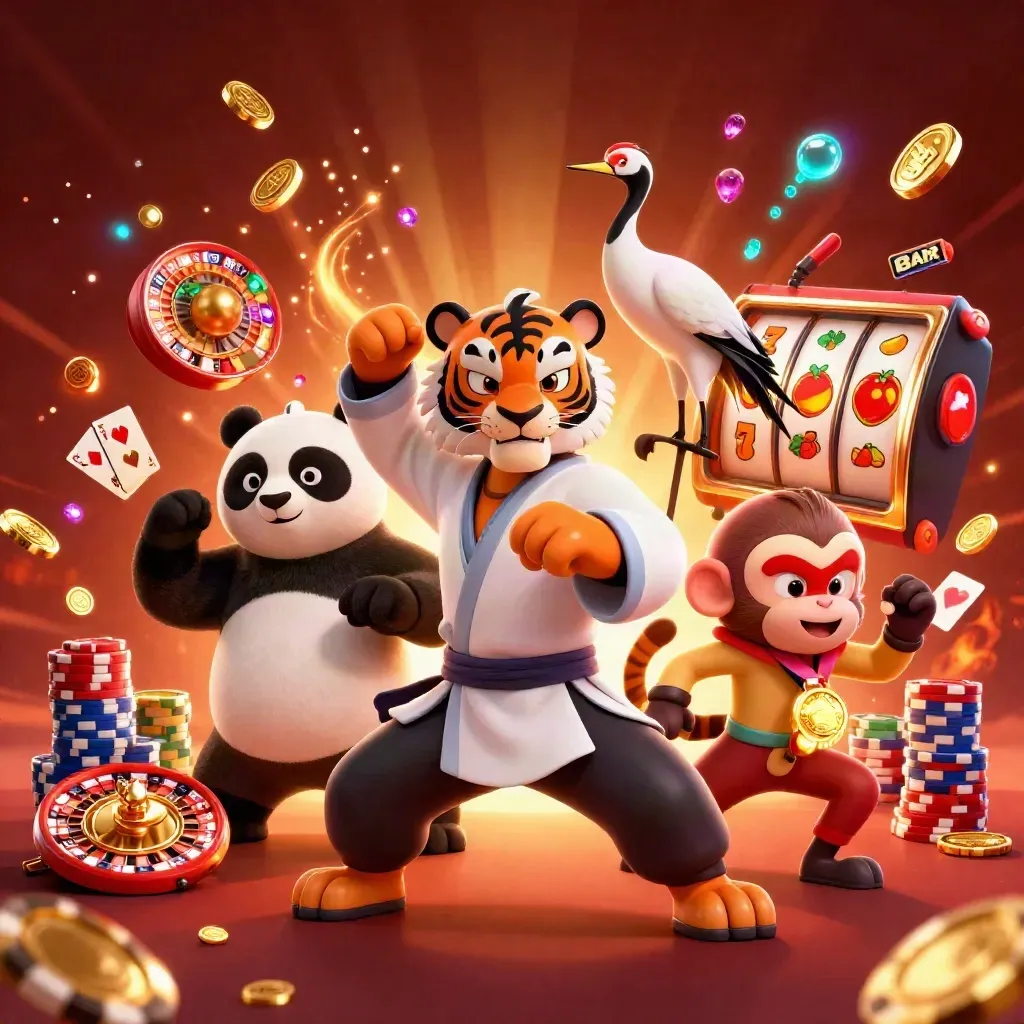 Kung-fu tiger, panda, and monkey amid casino coins, chips, reels, and neon glow.